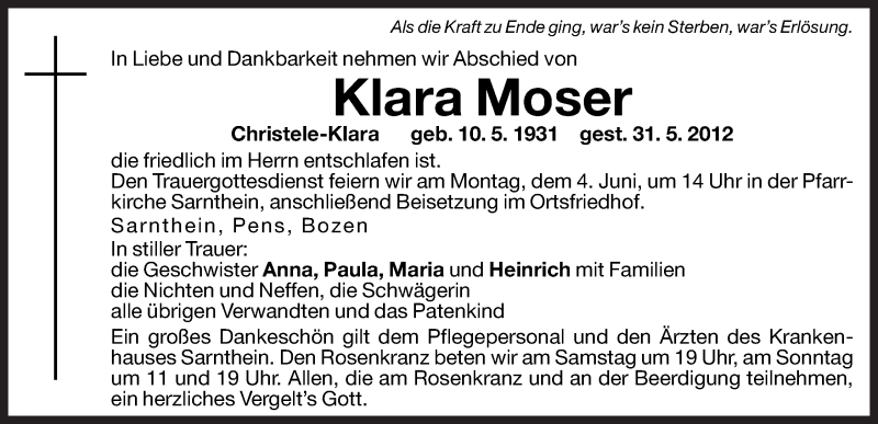  Traueranzeige für Klara Moser vom 01.06.2012 aus Dolomiten