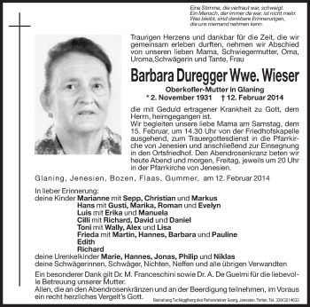Traueranzeige von Barbara Wieser von Dolomiten