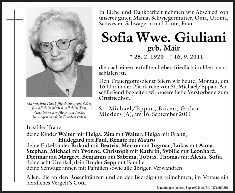  Traueranzeige für Sofia Giuliani vom 19.09.2011 aus Dolomiten