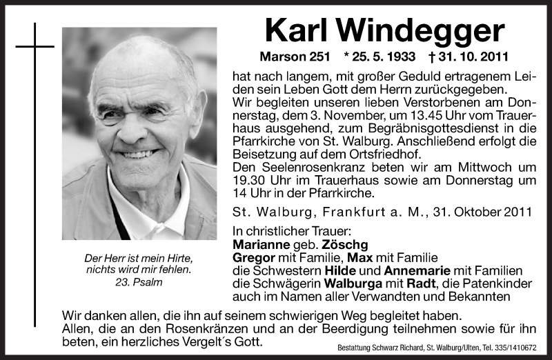  Traueranzeige für Karl Windegger vom 11.02.2011 aus Dolomiten