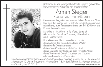 Traueranzeige von Armin Steger von Dolomiten