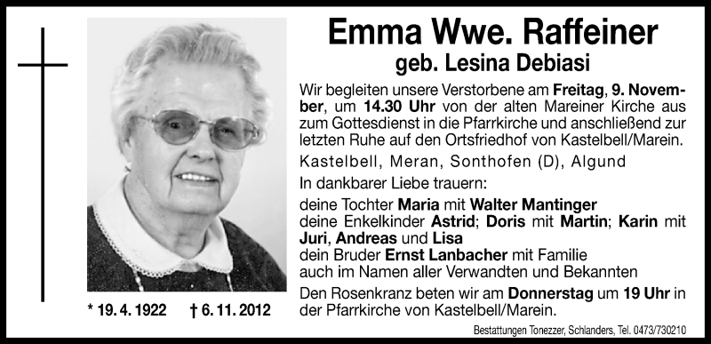  Traueranzeige für Emma Raffeiner vom 08.11.2012 aus Dolomiten