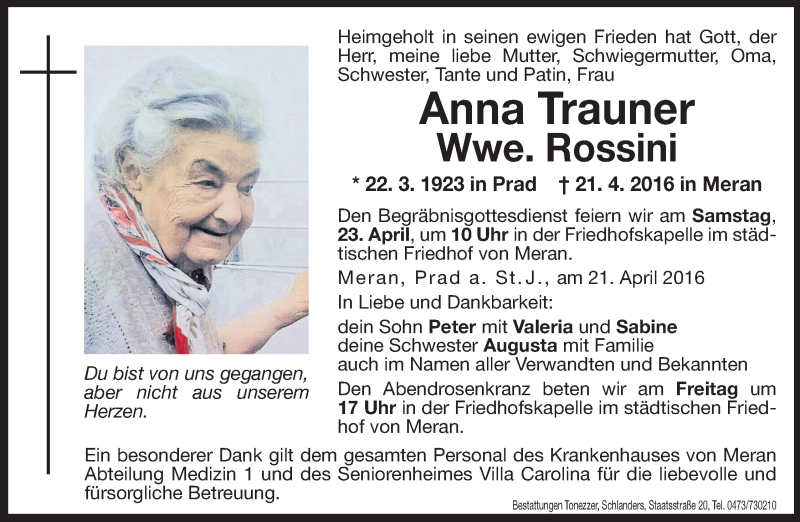  Traueranzeige für Anna Rossini vom 22.04.2016 aus Dolomiten