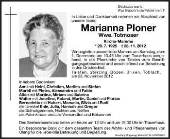 Traueranzeige von Marianna Totmoser von Dolomiten