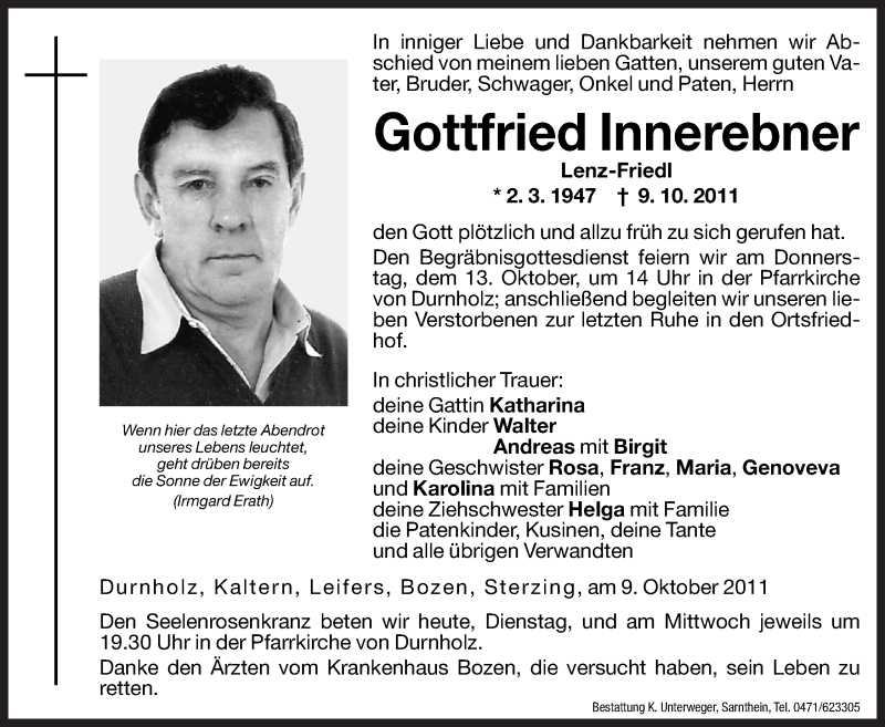  Traueranzeige für Gottfried Innerebner vom 11.10.2011 aus Dolomiten