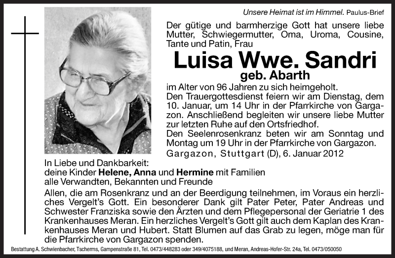  Traueranzeige für Luisa Sandri vom 07.01.2012 aus Dolomiten