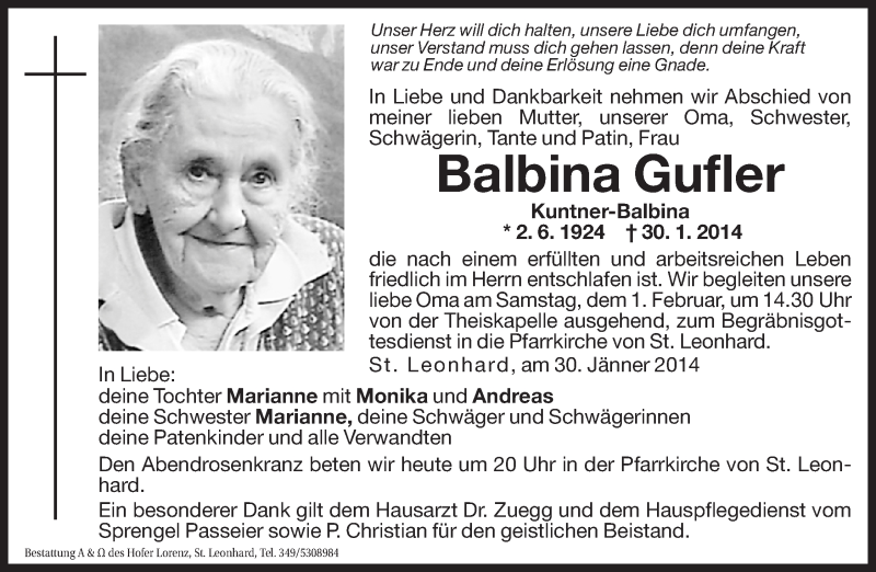  Traueranzeige für Balbina Gufler vom 31.01.2014 aus Dolomiten