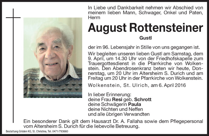  Traueranzeige für August Rottensteiner vom 07.04.2016 aus Dolomiten