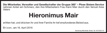 Traueranzeige von Hieronimus Mair von Dolomiten
