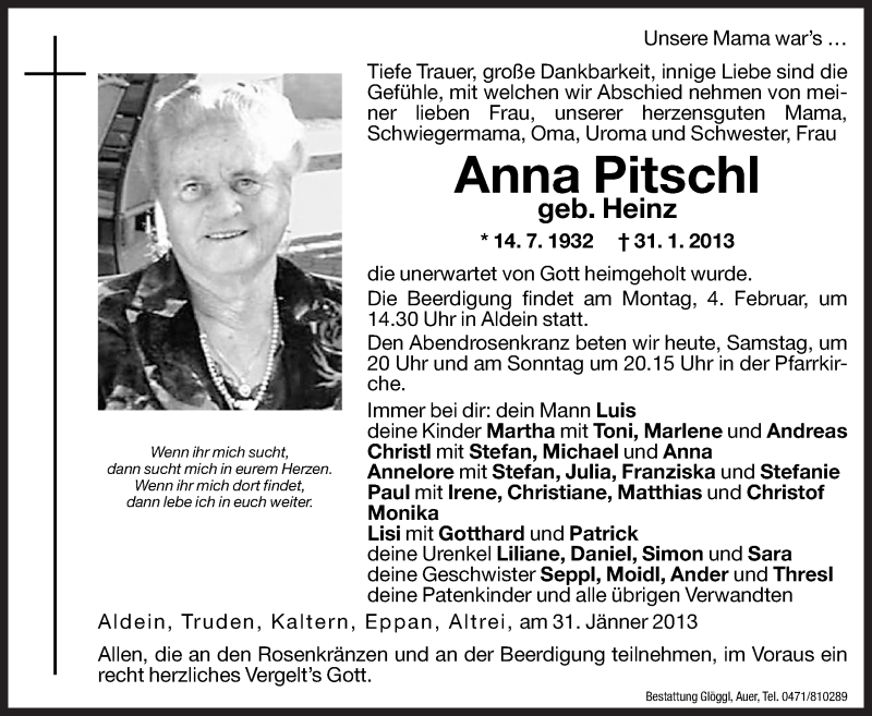  Traueranzeige für Anna Pitschl vom 02.02.2013 aus Dolomiten