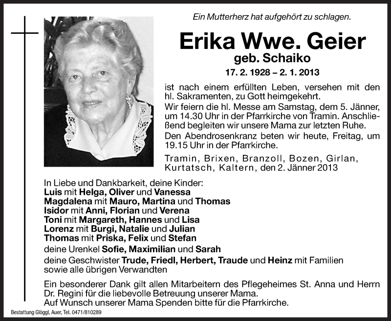  Traueranzeige für Erika Geier vom 04.01.2013 aus Dolomiten