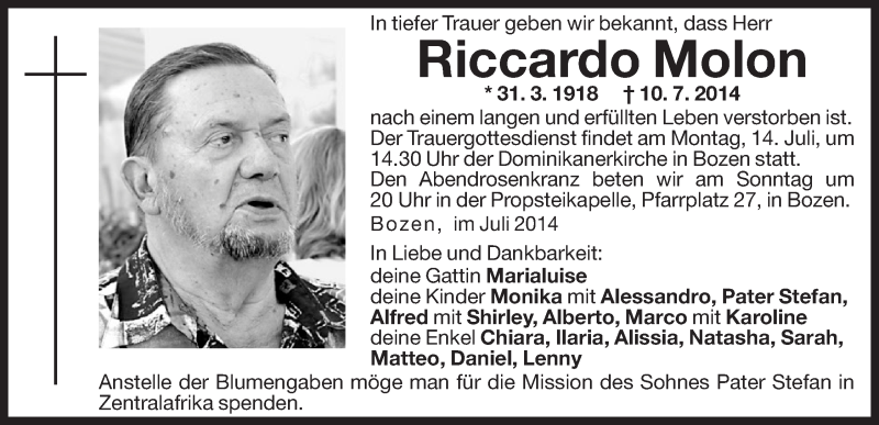  Traueranzeige für Riccardo Molon vom 12.07.2014 aus Dolomiten