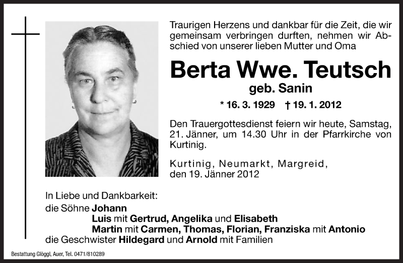  Traueranzeige für Berta Teutsch vom 21.01.2012 aus Dolomiten