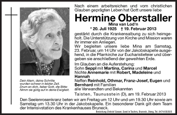 Traueranzeige von Hermine Oberstaller von Dolomiten