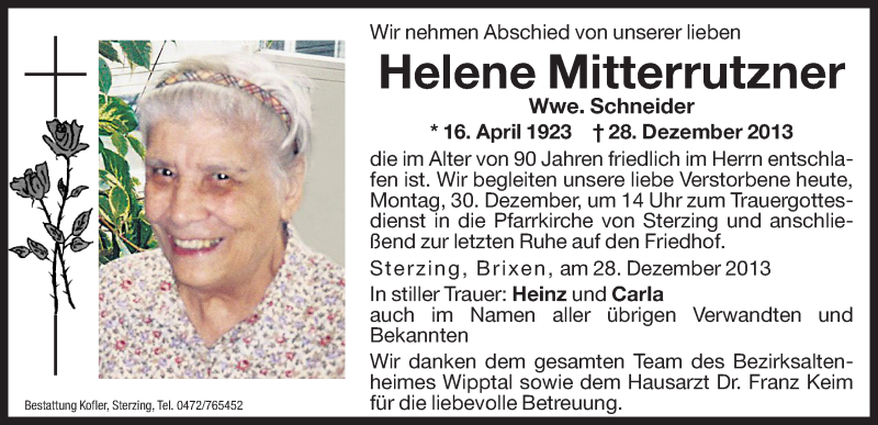  Traueranzeige für Helene Schneider vom 30.12.2013 aus Dolomiten