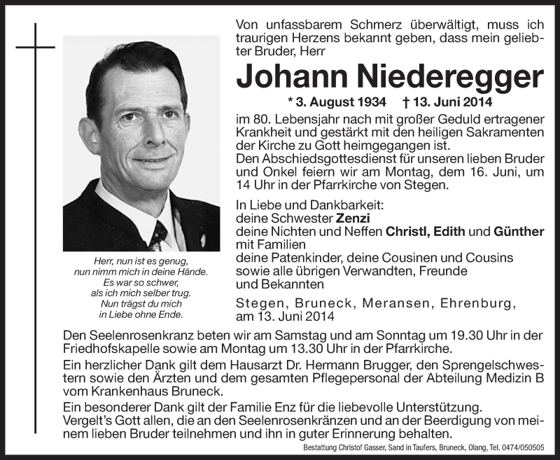  Traueranzeige für Johann Niederegger vom 14.06.2014 aus Dolomiten