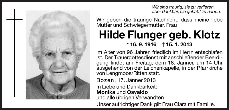  Traueranzeige für Hilde Flunger vom 17.01.2013 aus Dolomiten