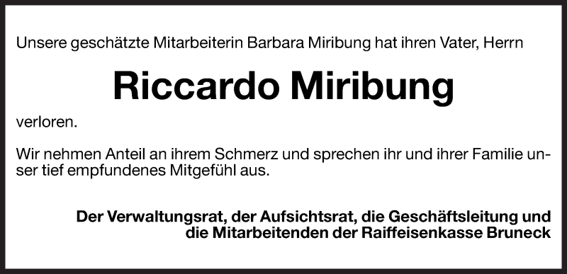  Traueranzeige für Riccardo Miribung vom 06.03.2013 aus Dolomiten