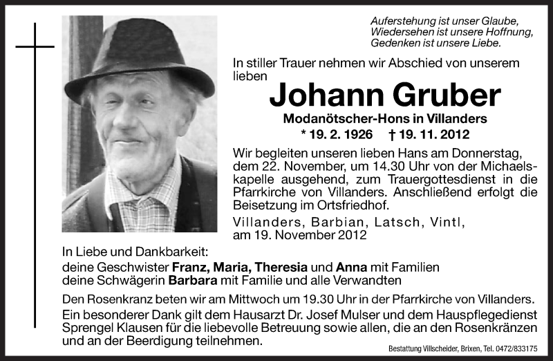  Traueranzeige für Johann Gruber vom 21.11.2012 aus Dolomiten