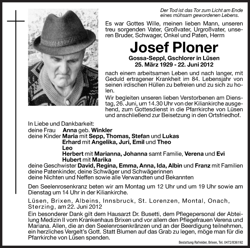  Traueranzeige für Josef Ploner vom 25.06.2012 aus Dolomiten