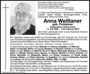 Traueranzeige von Anna Weitlaner von Dolomiten