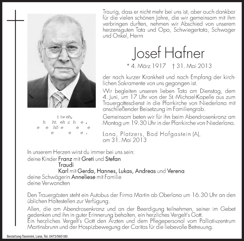  Traueranzeige für Josef Hafner vom 03.06.2013 aus Dolomiten