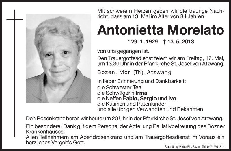  Traueranzeige für Antonietta Morelato vom 16.05.2013 aus Dolomiten