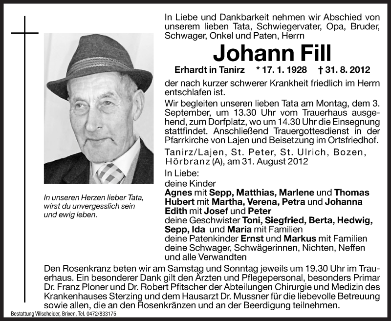  Traueranzeige für Johann Fill vom 01.09.2012 aus Dolomiten