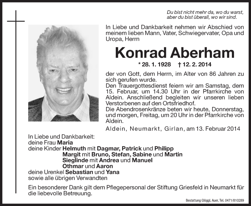  Traueranzeige für Konrad Aberham vom 13.02.2014 aus Dolomiten