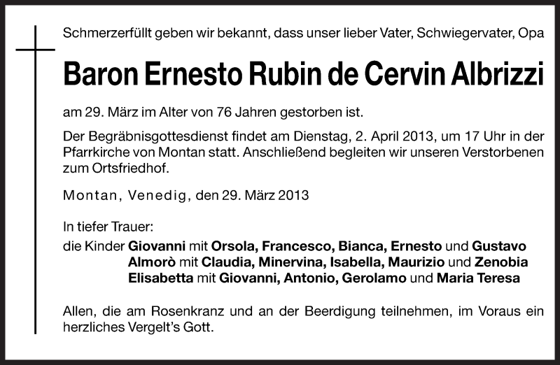  Traueranzeige für Ernesto Rubin de Cervin Albrizzi vom 02.04.2013 aus Dolomiten