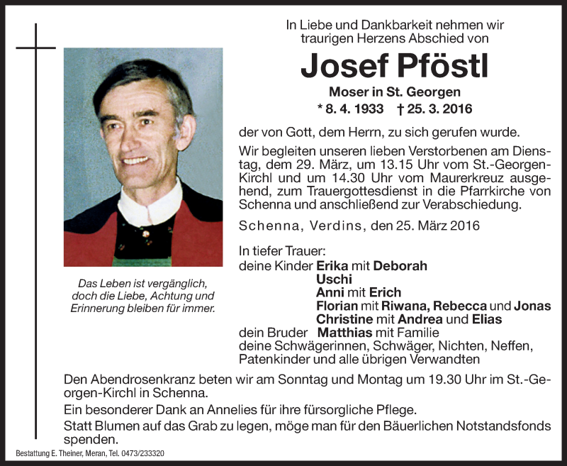  Traueranzeige für Josef Pföstl vom 26.03.2016 aus Dolomiten