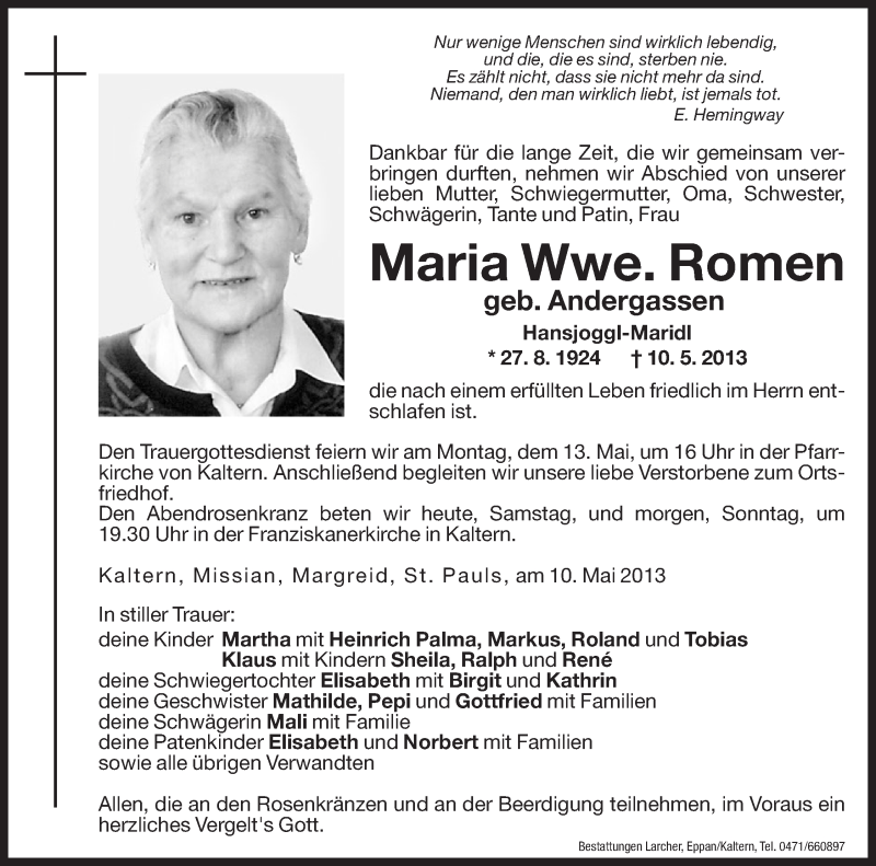  Traueranzeige für Maria Romen vom 11.05.2013 aus Dolomiten