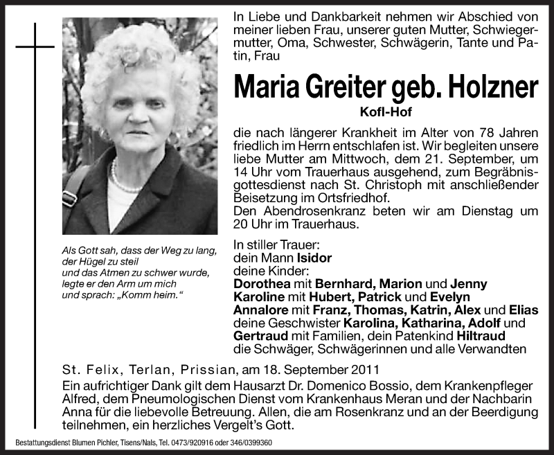  Traueranzeige für Maria Greiter vom 20.09.2011 aus Dolomiten