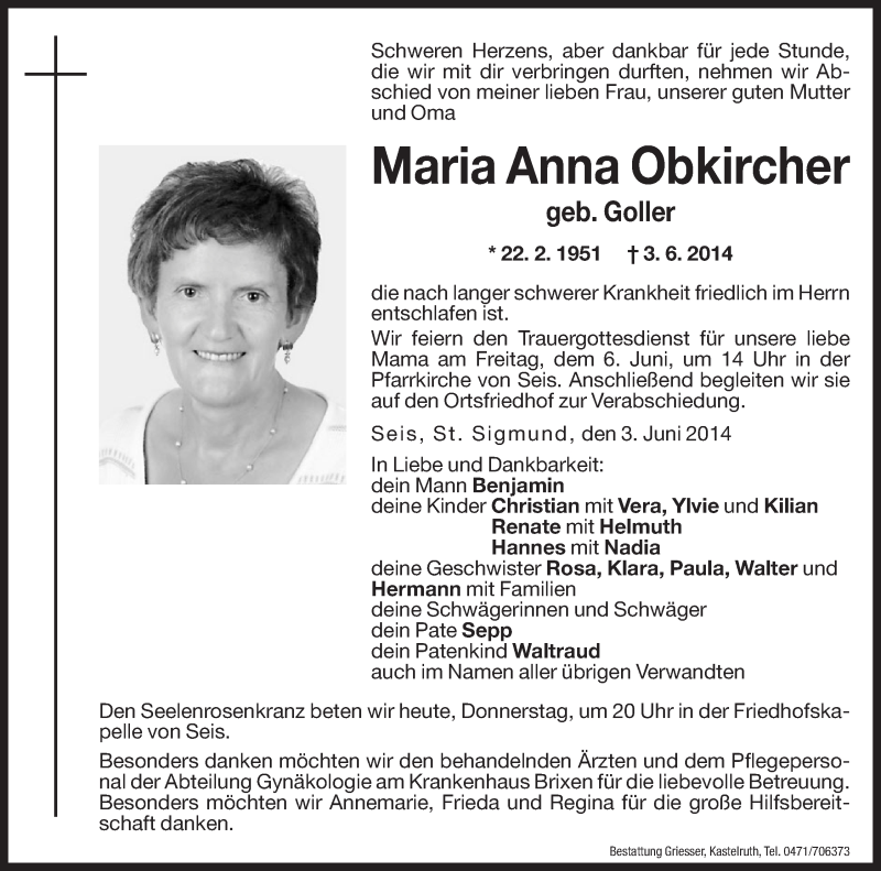  Traueranzeige für Maria Anna Obkircher vom 05.06.2014 aus Dolomiten