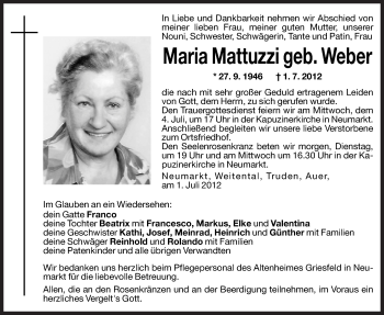 Traueranzeige von Maria Mattuzzi von Dolomiten