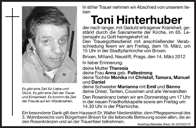  Traueranzeige für Toni Hinterhuber vom 15.03.2012 aus Dolomiten