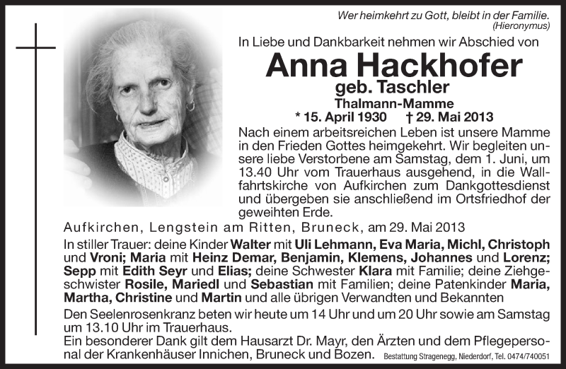  Traueranzeige für Anna Hackhofer vom 31.05.2013 aus Dolomiten