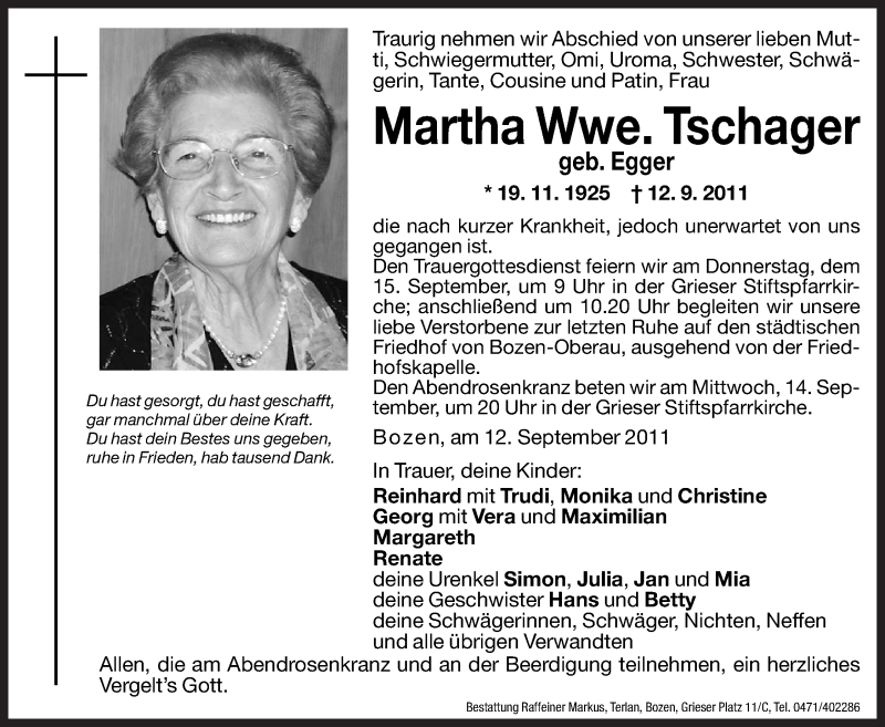  Traueranzeige für Martha Tschager vom 13.09.2011 aus Dolomiten