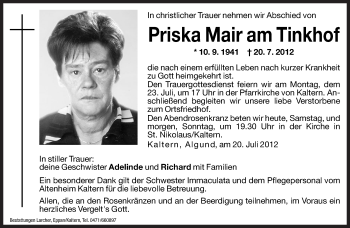 Traueranzeige von Priska Mair am Tinkhof von Dolomiten