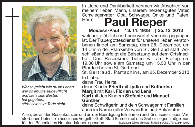  Traueranzeige für Paul Rieper vom 27.12.2013 aus Dolomiten