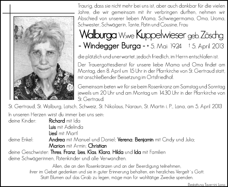  Traueranzeige für Walburga Kuppelwieser vom 06.04.2013 aus Dolomiten