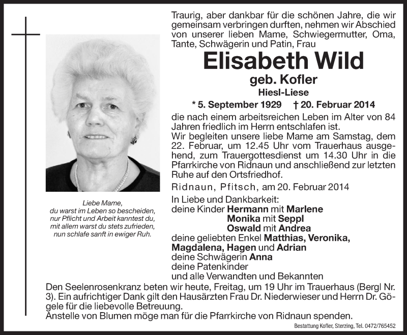  Traueranzeige für Elisabeth Wild vom 21.02.2014 aus Dolomiten