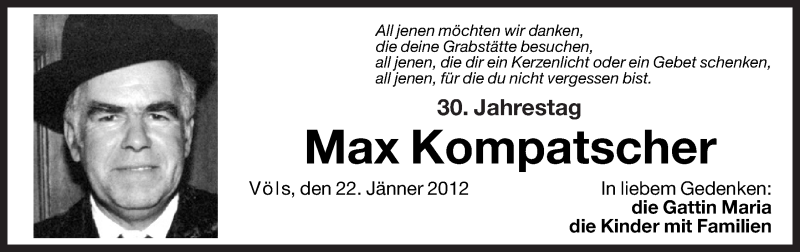  Traueranzeige für Max Kompatscher vom 21.01.2012 aus Dolomiten