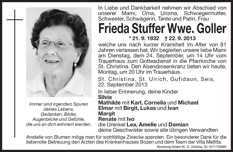  Traueranzeige für Frieda Goller vom 23.09.2013 aus Dolomiten