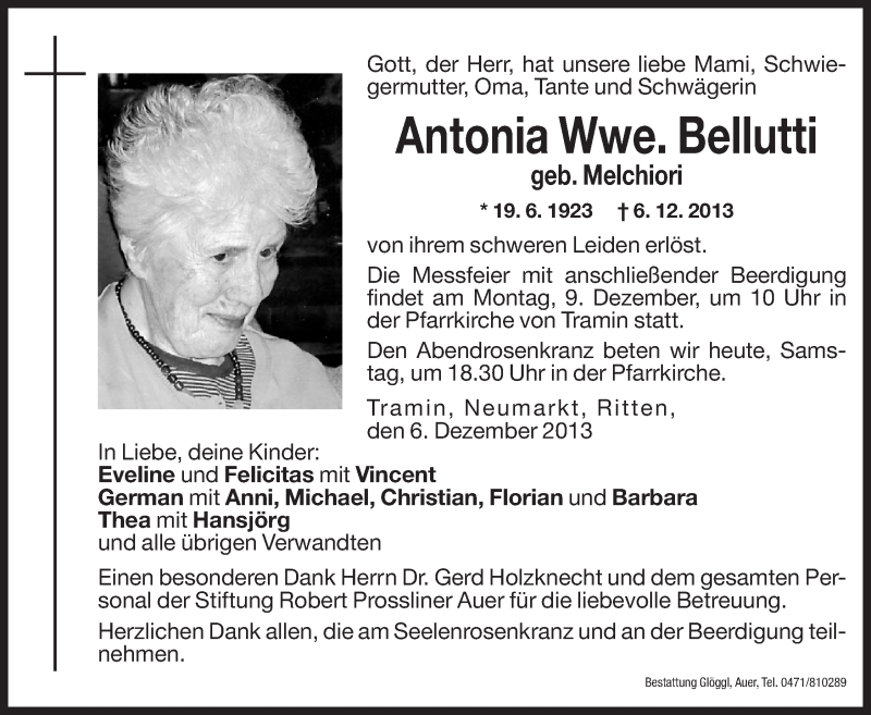  Traueranzeige für Antonia Bellutti vom 07.12.2013 aus Dolomiten