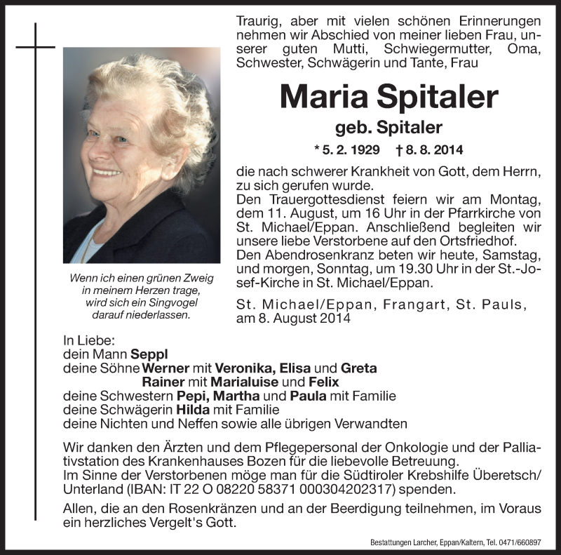  Traueranzeige für Maria Spitaler vom 09.08.2014 aus Dolomiten