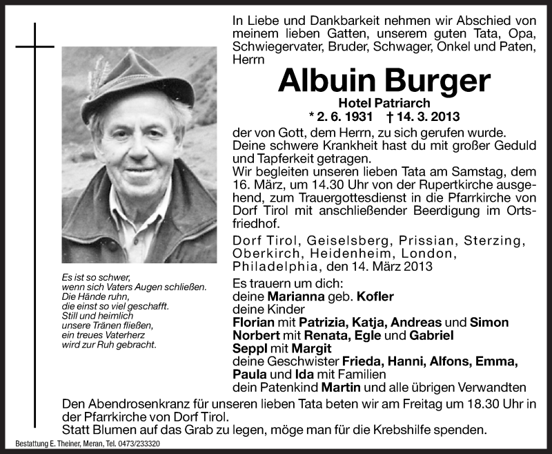  Traueranzeige für Albuin Burger vom 15.03.2013 aus Dolomiten