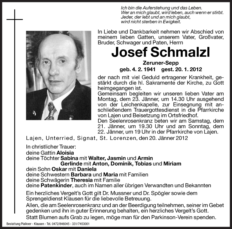  Traueranzeige für Josef Schmalzl vom 21.01.2012 aus Dolomiten