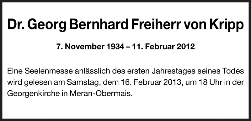  Traueranzeige für Georg Bernhard Freiherr von Kripp vom 13.02.2013 aus Dolomiten