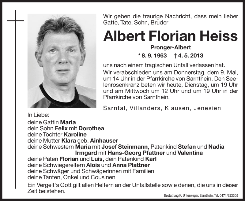  Traueranzeige für Albert Florian Heiss vom 07.05.2013 aus Dolomiten